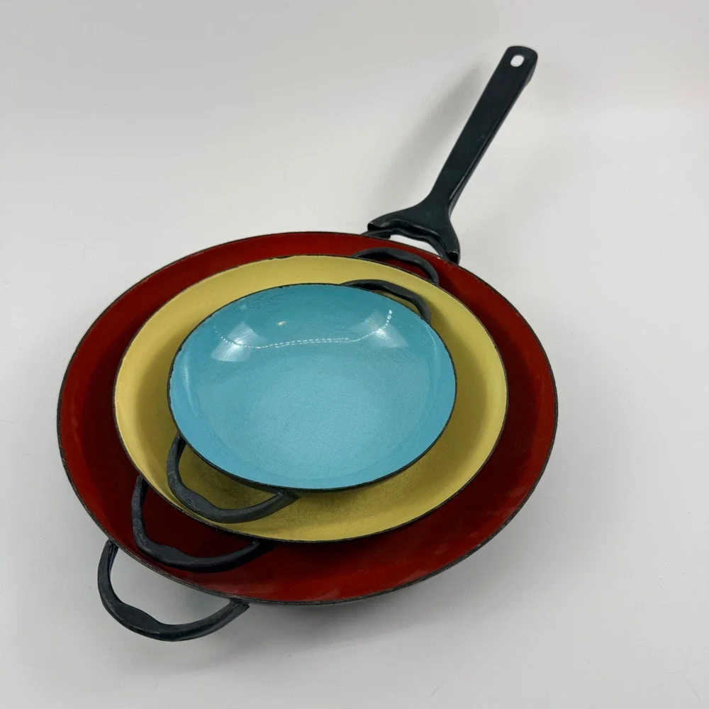 Vintage Caravelle of France Enameled Sizzling Server Pans Set of 3 Handle MCM